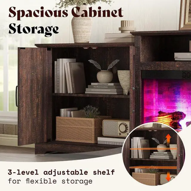 Alt view image 5 of 7 - 97" Large Fireplace TV Stand for TVs up to 110", Farmhouse Entertainment Center with 33" Electric Fireplace, Media Console with Storage Cabinets & Adjustable Shelf, Rustic Brown