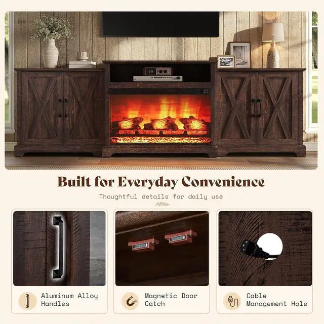 Alt view image 6 of 7 - 97" Large Fireplace TV Stand for TVs up to 110", Farmhouse Entertainment Center with 33" Electric Fireplace, Media Console with Storage Cabinets & Adjustable Shelf, Rustic Brown