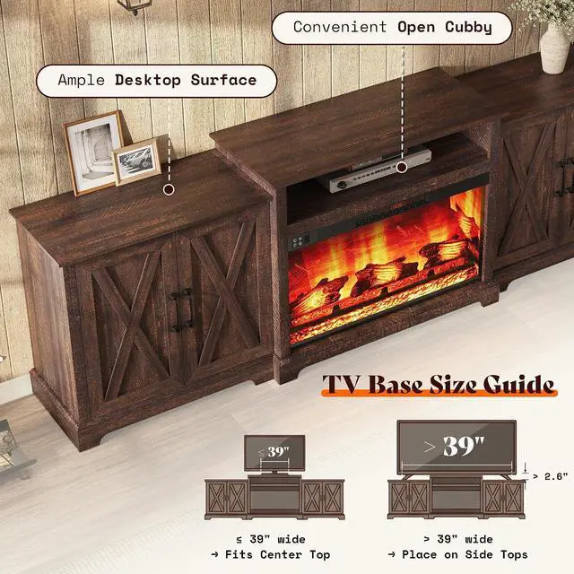 Alt view image 7 of 7 - 97" Large Fireplace TV Stand for TVs up to 110", Farmhouse Entertainment Center with 33" Electric Fireplace, Media Console with Storage Cabinets & Adjustable Shelf, Rustic Brown