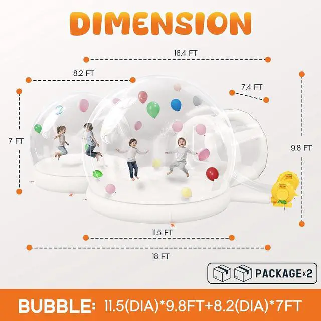Alt view image 7 of 7 - 11.5&8.2FT Inflatabla Bubble Bounce House, Double Bubble House Inflatable Dome with 2 750W Air Blowers for Birthday Parties, Wedding and Gender Revealing