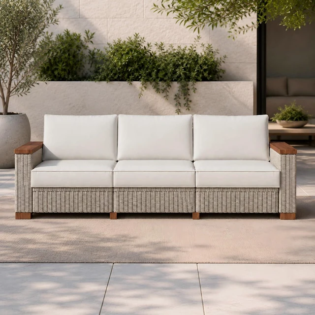Main image of Outdoor Patio Sofa, 3 Seat Wicker Couch with Solid Armrests & Legs, 4.7" Thickened Removable Cushions, UV-Resistant Modular Sofa for Porch, Backyard, Garden