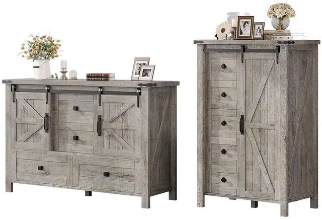 Main image of 2PCS Farmhouse Dresser Set with Sliding Barn Doors, Bedroom Sets Include 47'' Dresser with 4 Drawers, 5-Drawer Tall Dresser, Light Rustic Oak