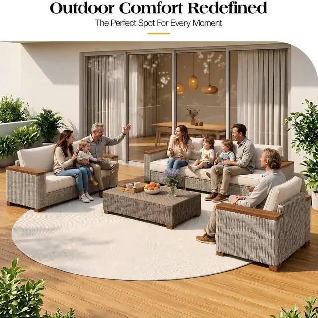 Alt view image 3 of 7 - 6-Piece Wicker Patio Furniture Set with Solid Wood Armrest, Outdoor Patio Set with Thick Legs, UV-Resistant Modular Outdoor Sectional Sofa for Backyard, Porch, Garden
