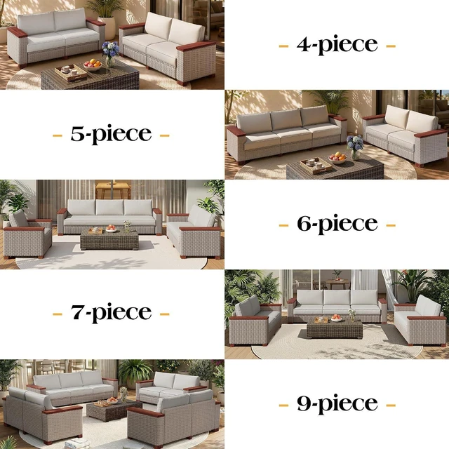 Alt view image 7 of 7 - Outdoor Patio Sofa, 3 Seat Wicker Couch with Solid Armrests & Legs, 4.7" Thickened Removable Cushions, UV-Resistant Modular Sofa for Porch, Backyard, Garden