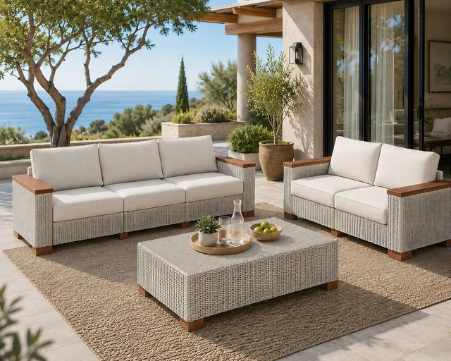 Main image of 5-Piece Wicker Patio Furniture Set with Solid Wood Armrest, Outdoor Patio Set with Thick Legs, UV-Resistant Modular Outdoor Sectional Sofa for Backyard, Porch, Garden