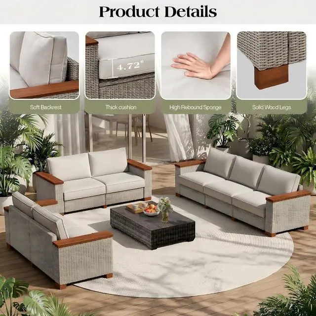 Alt view image 4 of 7 - 6-Piece Wicker Patio Furniture Set with Solid Wood Armrest, Outdoor Patio Set with Thick Legs, UV-Resistant Modular Outdoor Sectional Sofa for Backyard, Porch, Garden
