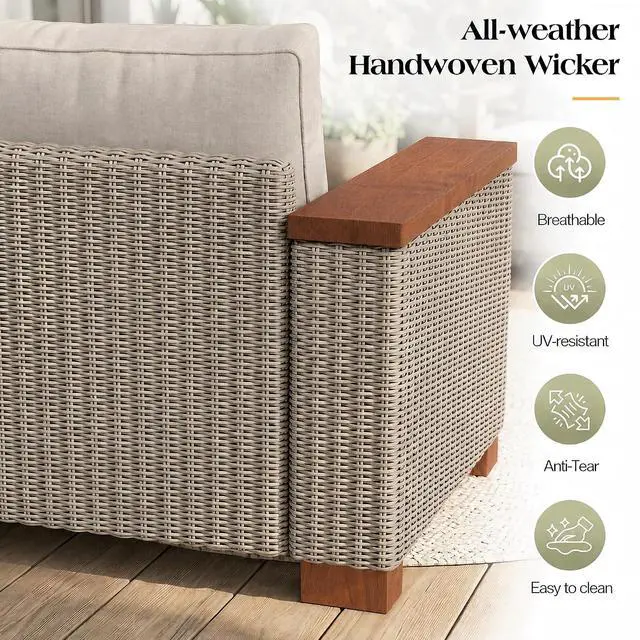 Alt view image 6 of 7 - 6-Piece Wicker Patio Furniture Set with Solid Wood Armrest, Outdoor Patio Set with Thick Legs, UV-Resistant Modular Outdoor Sectional Sofa for Backyard, Porch, Garden