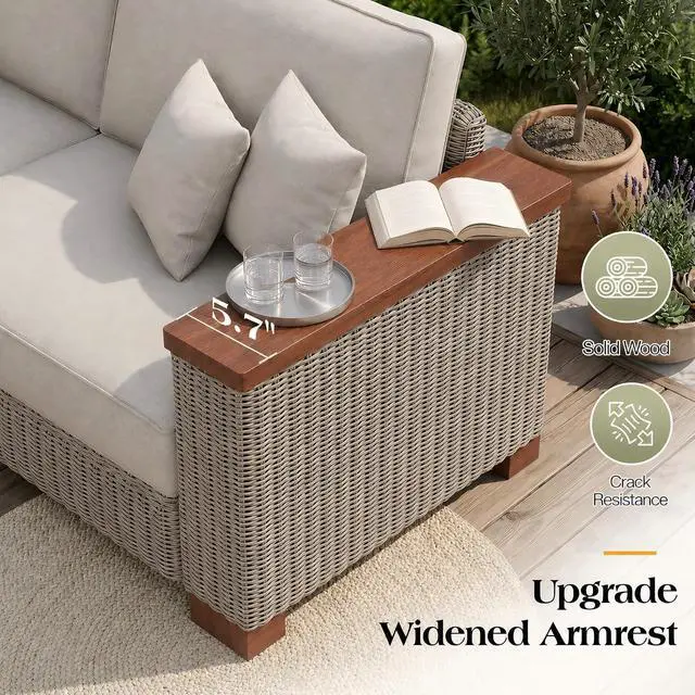 Alt view image 5 of 7 - 6-Piece Wicker Patio Furniture Set with Solid Wood Armrest, Outdoor Patio Set with Thick Legs, UV-Resistant Modular Outdoor Sectional Sofa for Backyard, Porch, Garden