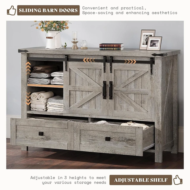 Alt view image 7 of 7 - 2PCS Farmhouse Dresser Set with Sliding Barn Doors, Bedroom Sets Include 47'' Dresser with 4 Drawers, 5-Drawer Tall Dresser, Light Rustic Oak