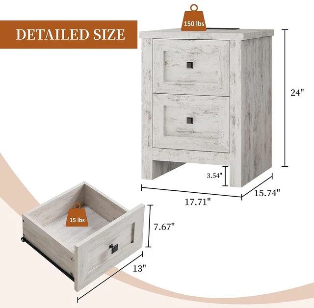 Alt view image 2 of 7 - Large Nightstand Set of 2 with Charging Station, Bedside Table with USB Ports and Outlets, Farmhouse Wood End Table for Bedroom, Distressed White