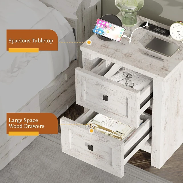 Alt view image 4 of 7 - Large Nightstand Set of 2 with Charging Station, Bedside Table with USB Ports and Outlets, Farmhouse Wood End Table for Bedroom, Distressed White