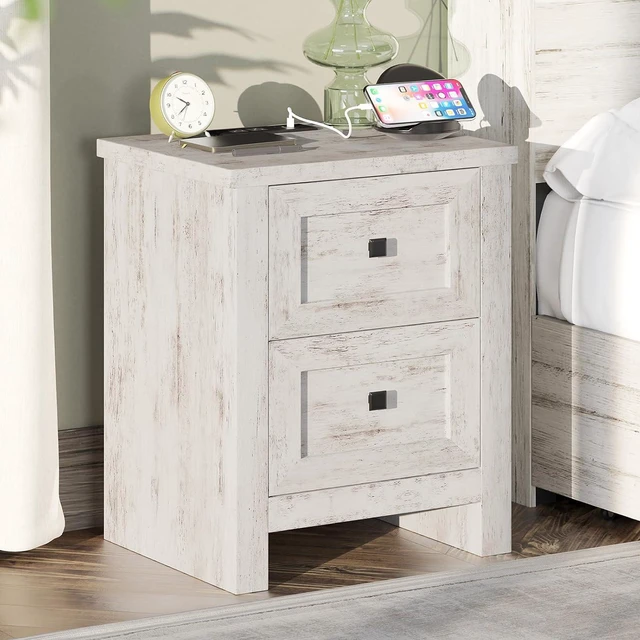 Alt view image 3 of 7 - Large Nightstand Set of 2 with Charging Station, Bedside Table with USB Ports and Outlets, Farmhouse Wood End Table for Bedroom, Distressed White