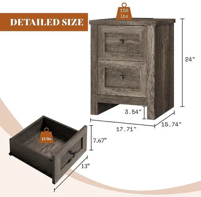 Alt view image 2 of 7 - Nightstand Set of 2 with Charging Station, Rustic Bedside Table with Drawers Storage, Farmhouse Wood Night Stand for Bedroom, Rustic Grey