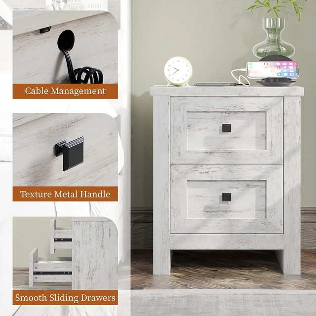 Alt view image 6 of 7 - Large Nightstand Set of 2 with Charging Station, Bedside Table with USB Ports and Outlets, Farmhouse Wood End Table for Bedroom, Distressed White