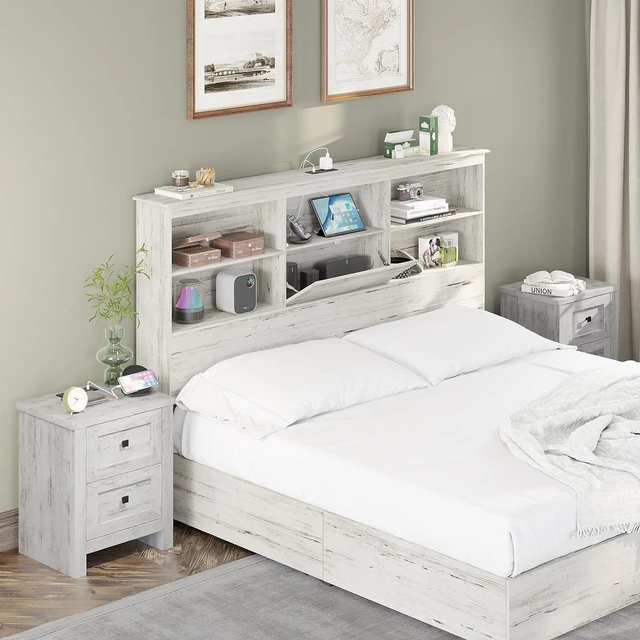 Alt view image 7 of 7 - Large Nightstand Set of 2 with Charging Station, Bedside Table with USB Ports and Outlets, Farmhouse Wood End Table for Bedroom, Distressed White
