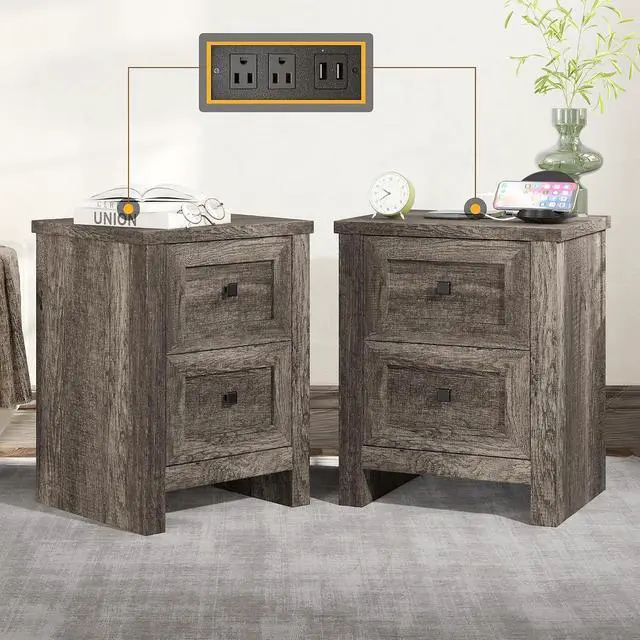 Main image of Nightstand Set of 2 with Charging Station, Rustic Bedside Table with Drawers Storage, Farmhouse Wood Night Stand for Bedroom, Rustic Grey