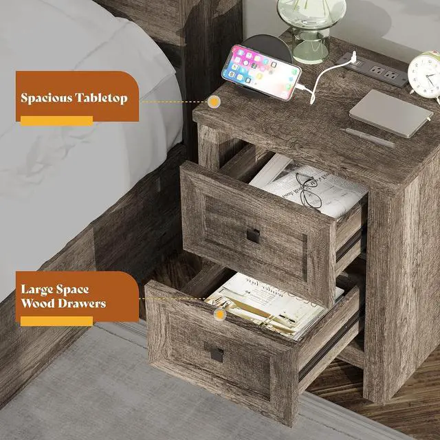 Alt view image 3 of 7 - Nightstand Set of 2 with Charging Station, Rustic Bedside Table with Drawers Storage, Farmhouse Wood Night Stand for Bedroom, Rustic Grey