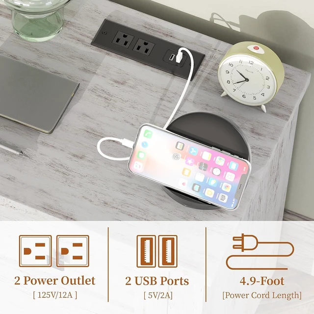 Alt view image 5 of 7 - Large Nightstand Set of 2 with Charging Station, Bedside Table with USB Ports and Outlets, Farmhouse Wood End Table for Bedroom, Distressed White