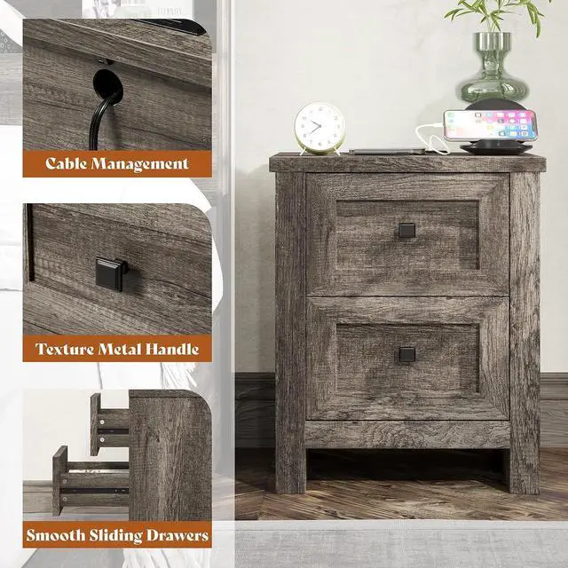 Alt view image 5 of 7 - Nightstand Set of 2 with Charging Station, Rustic Bedside Table with Drawers Storage, Farmhouse Wood Night Stand for Bedroom, Rustic Grey