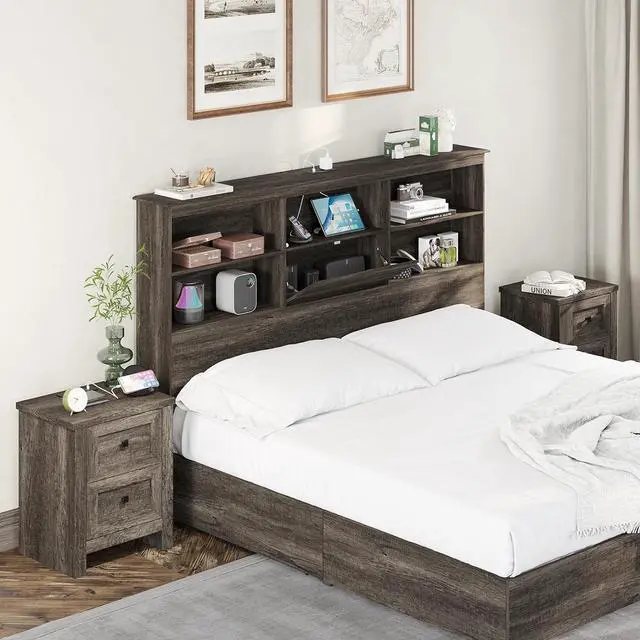 Alt view image 7 of 7 - Nightstand Set of 2 with Charging Station, Rustic Bedside Table with Drawers Storage, Farmhouse Wood Night Stand for Bedroom, Rustic Grey