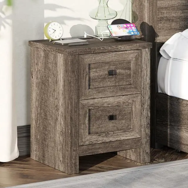 Alt view image 6 of 7 - Nightstand Set of 2 with Charging Station, Rustic Bedside Table with Drawers Storage, Farmhouse Wood Night Stand for Bedroom, Rustic Grey