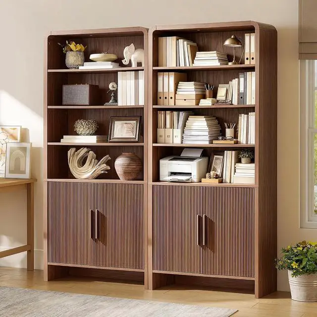 Main image of 71" Modern Bookcase Set of 2 with Storage Cabinet, 6-Tier Bookshelf with 3 Adjustable Shelves & Fluted Doors, Wood Curved Display Cabinet for Living Room, Dining Room, Home Office, Brown