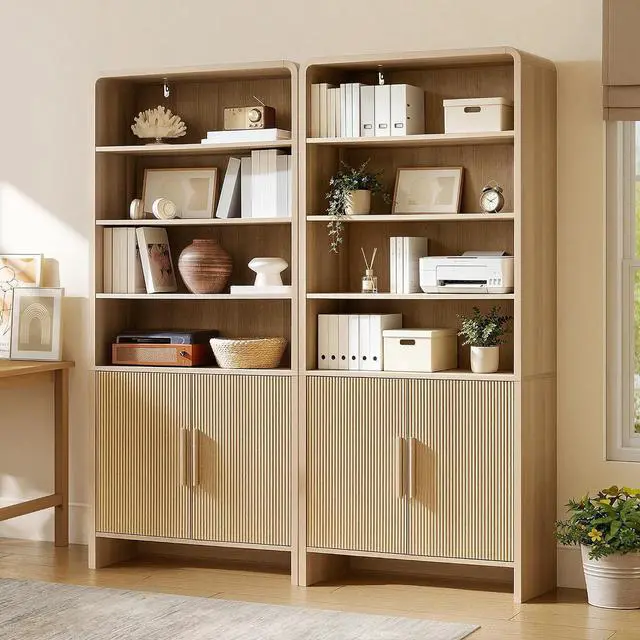 Main image of 71" Modern Bookcase Set of 2 with Storage Cabinet, 6-Tier Bookshelf with 3 Adjustable Shelves & Fluted Doors, Wood Curved Display Cabinet for Living Room, Dining Room, Home Office, Natural