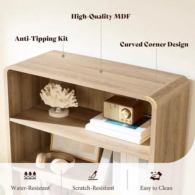 Alt view image 4 of 7 - 71" Modern Bookcase Set of 2 with Storage Cabinet, 6-Tier Bookshelf with 3 Adjustable Shelves & Fluted Doors, Wood Curved Display Cabinet for Living Room, Dining Room, Home Office, Natural