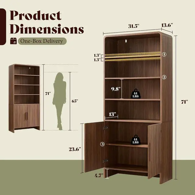 Alt view image 2 of 7 - 71" Modern Bookcase Set of 2 with Storage Cabinet, 6-Tier Bookshelf with 3 Adjustable Shelves & Fluted Doors, Wood Curved Display Cabinet for Living Room, Dining Room, Home Office, Brown
