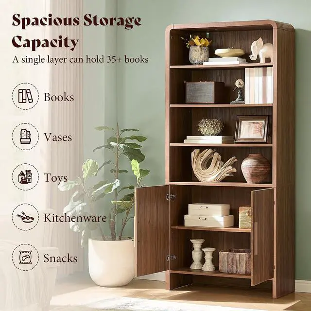 Alt view image 3 of 7 - 71" Modern Bookcase Set of 2 with Storage Cabinet, 6-Tier Bookshelf with 3 Adjustable Shelves & Fluted Doors, Wood Curved Display Cabinet for Living Room, Dining Room, Home Office, Brown