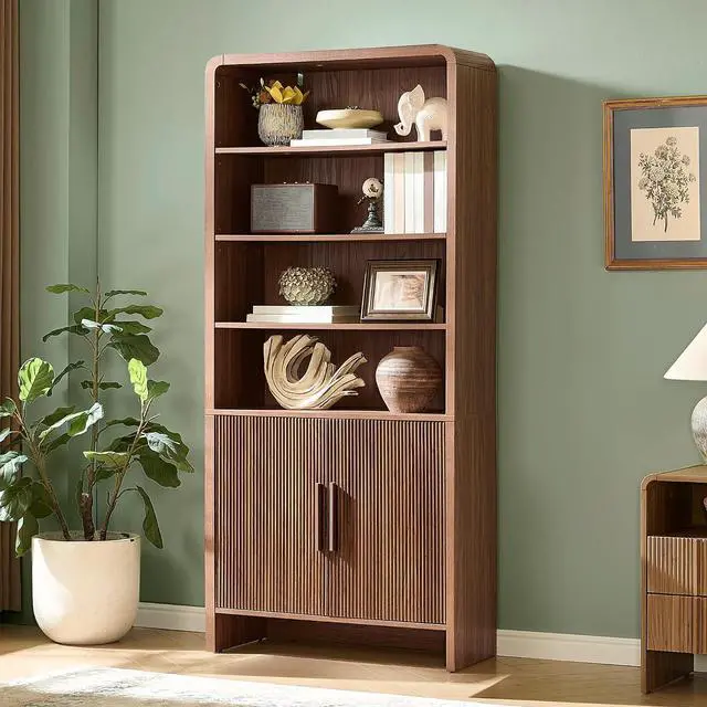 Main image of 71" Modern Bookcase with Storage Cabinet, 6-Tier Bookshelf with 3 Adjustable Shelves & Fluted Doors, Wood Curved Display Cabinet for Living Room, Dining Room, Home Office, Brown