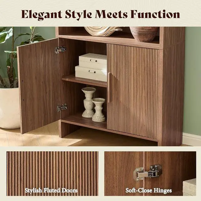 Alt view image 4 of 7 - 71" Modern Bookcase Set of 2 with Storage Cabinet, 6-Tier Bookshelf with 3 Adjustable Shelves & Fluted Doors, Wood Curved Display Cabinet for Living Room, Dining Room, Home Office, Brown