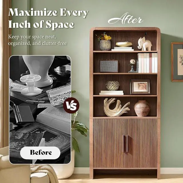 Alt view image 7 of 7 - 71" Modern Bookcase Set of 2 with Storage Cabinet, 6-Tier Bookshelf with 3 Adjustable Shelves & Fluted Doors, Wood Curved Display Cabinet for Living Room, Dining Room, Home Office, Brown