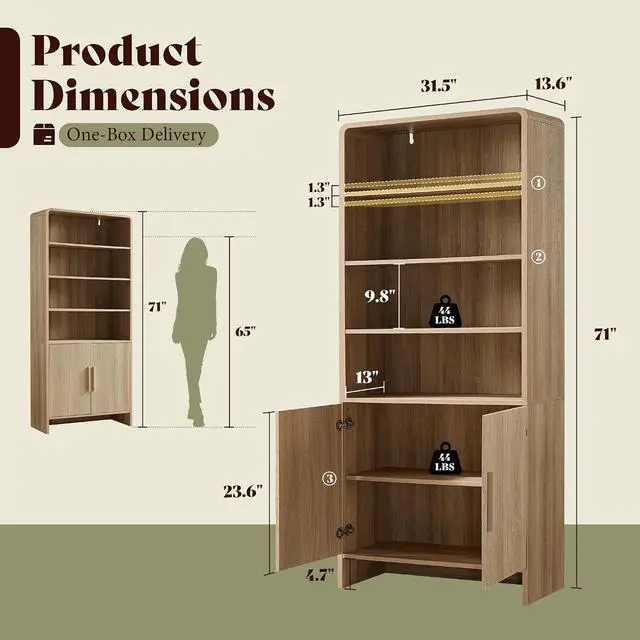 Alt view image 2 of 7 - 71" Modern Bookcase Set of 2 with Storage Cabinet, 6-Tier Bookshelf with 3 Adjustable Shelves & Fluted Doors, Wood Curved Display Cabinet for Living Room, Dining Room, Home Office, Natural