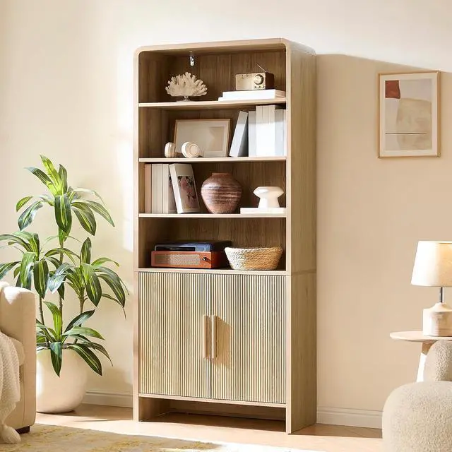 Main image of 71" Modern Bookcase with Storage Cabinet, 6-Tier Bookshelf with 3 Adjustable Shelves & Fluted Doors, Wood Curved Display Cabinet for Living Room, Dining Room, Home Office, Natural