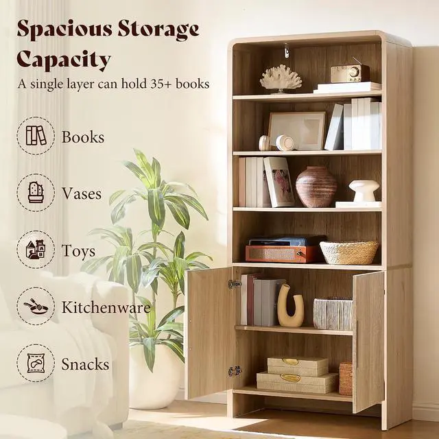 Alt view image 3 of 7 - 71" Modern Bookcase Set of 2 with Storage Cabinet, 6-Tier Bookshelf with 3 Adjustable Shelves & Fluted Doors, Wood Curved Display Cabinet for Living Room, Dining Room, Home Office, Natural