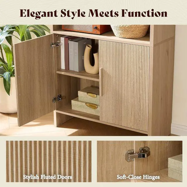 Alt view image 6 of 7 - 71" Modern Bookcase Set of 2 with Storage Cabinet, 6-Tier Bookshelf with 3 Adjustable Shelves & Fluted Doors, Wood Curved Display Cabinet for Living Room, Dining Room, Home Office, Natural