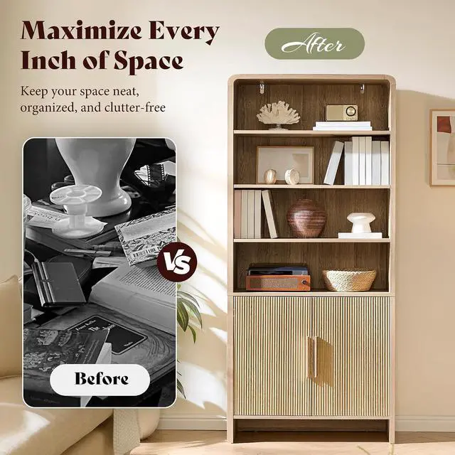 Alt view image 7 of 7 - 71" Modern Bookcase Set of 2 with Storage Cabinet, 6-Tier Bookshelf with 3 Adjustable Shelves & Fluted Doors, Wood Curved Display Cabinet for Living Room, Dining Room, Home Office, Natural