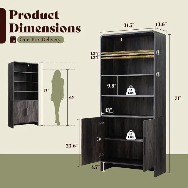 Alt view image 2 of 7 - 71" Modern Bookcase Set of 2 with Storage Cabinet, 6-Tier Bookshelf with 3 Adjustable Shelves & Fluted Doors, Wood Curved Display Cabinet for Living Room, Dining Room, Home Office, Dark Grey