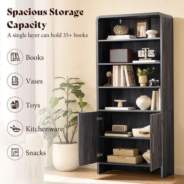 Alt view image 3 of 7 - 71" Modern Bookcase Set of 2 with Storage Cabinet, 6-Tier Bookshelf with 3 Adjustable Shelves & Fluted Doors, Wood Curved Display Cabinet for Living Room, Dining Room, Home Office, Dark Grey