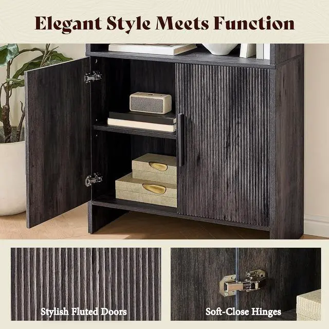 Alt view image 4 of 7 - 71" Modern Bookcase Set of 2 with Storage Cabinet, 6-Tier Bookshelf with 3 Adjustable Shelves & Fluted Doors, Wood Curved Display Cabinet for Living Room, Dining Room, Home Office, Dark Grey