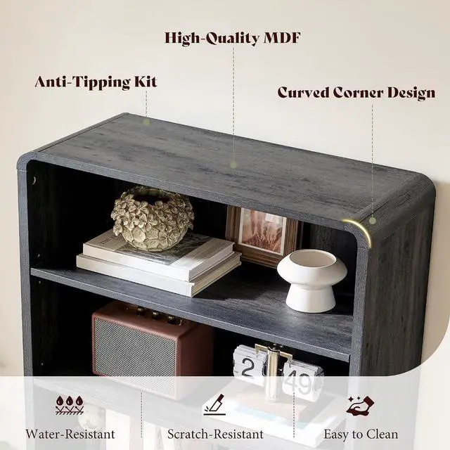 Alt view image 6 of 7 - 71" Modern Bookcase Set of 2 with Storage Cabinet, 6-Tier Bookshelf with 3 Adjustable Shelves & Fluted Doors, Wood Curved Display Cabinet for Living Room, Dining Room, Home Office, Dark Grey