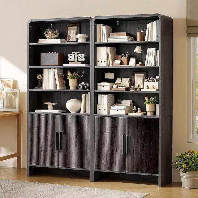 Main image of 71" Modern Bookcase Set of 2 with Storage Cabinet, 6-Tier Bookshelf with 3 Adjustable Shelves & Fluted Doors, Wood Curved Display Cabinet for Living Room, Dining Room, Home Office, Dark Grey