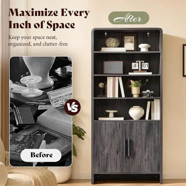 Alt view image 7 of 7 - 71" Modern Bookcase Set of 2 with Storage Cabinet, 6-Tier Bookshelf with 3 Adjustable Shelves & Fluted Doors, Wood Curved Display Cabinet for Living Room, Dining Room, Home Office, Dark Grey