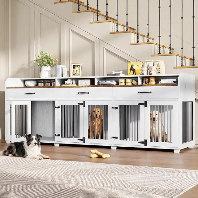 Main image of 95" Dog Crate Furniture with Storage, 3-Room Indoor Wooden Dog Kennel for Medium/Small Dogs, TV Stand & Sideboard with Drawers & Removable Divider, White+Barnwood