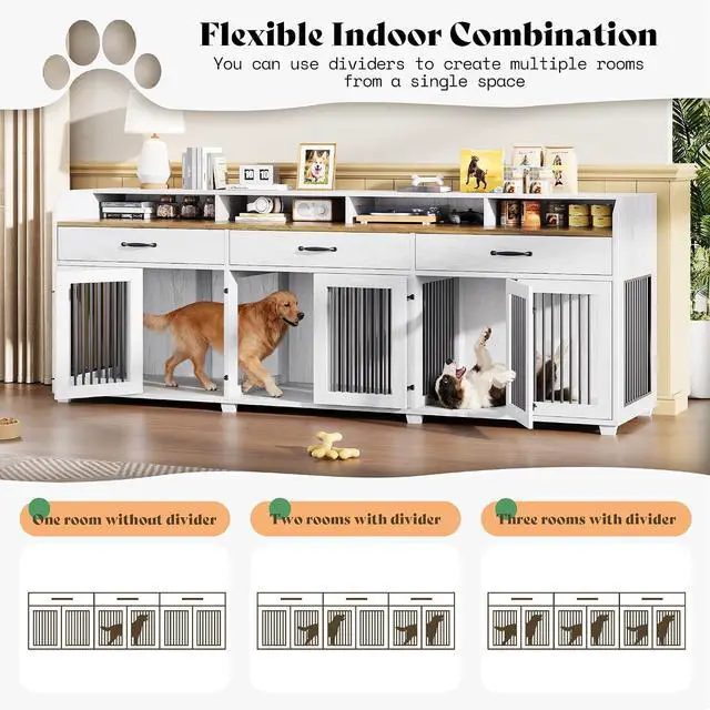 Alt view image 3 of 7 - 95" Dog Crate Furniture with Storage, 3-Room Indoor Wooden Dog Kennel for Medium/Small Dogs, TV Stand & Sideboard with Drawers & Removable Divider, White+Barnwood