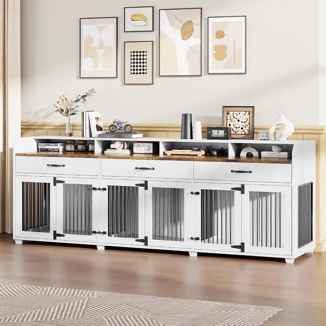 Alt view image 7 of 7 - 95" Dog Crate Furniture with Storage, 3-Room Indoor Wooden Dog Kennel for Medium/Small Dogs, TV Stand & Sideboard with Drawers & Removable Divider, White+Barnwood