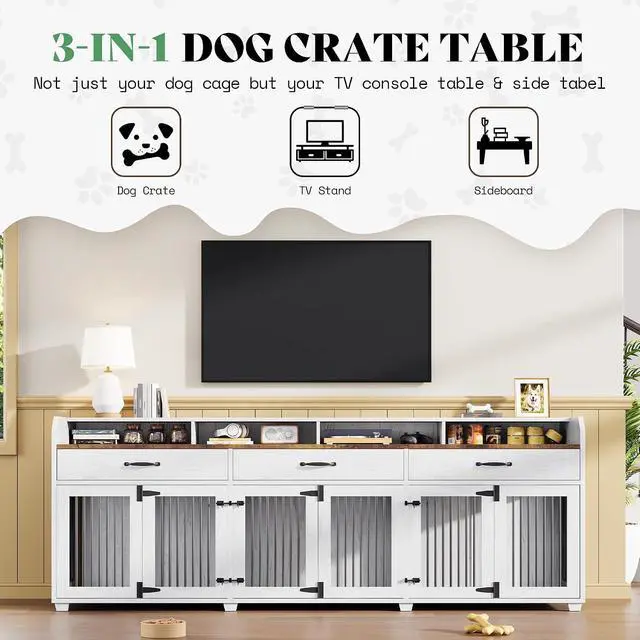 Alt view image 5 of 7 - 95" Dog Crate Furniture with Storage, 3-Room Indoor Wooden Dog Kennel for Medium/Small Dogs, TV Stand & Sideboard with Drawers & Removable Divider, White+Barnwood