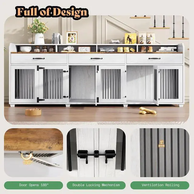 Alt view image 6 of 7 - 95" Dog Crate Furniture with Storage, 3-Room Indoor Wooden Dog Kennel for Medium/Small Dogs, TV Stand & Sideboard with Drawers & Removable Divider, White+Barnwood