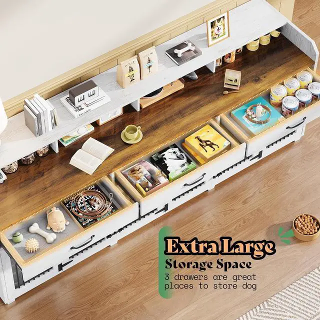 Alt view image 4 of 7 - 95" Dog Crate Furniture with Storage, 3-Room Indoor Wooden Dog Kennel for Medium/Small Dogs, TV Stand & Sideboard with Drawers & Removable Divider, White+Barnwood